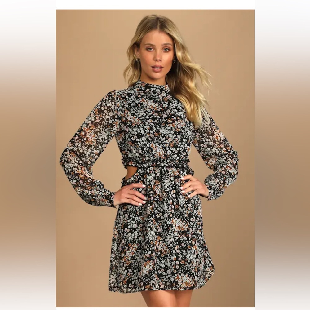 Lulu's Floral Long Sleeve Dress - Black and White